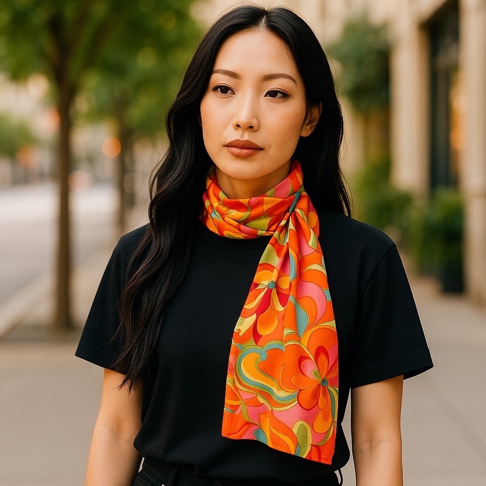 VINTAGE SCARF 70s Silk Vibrant Mod Orange Pink Floral Paisley